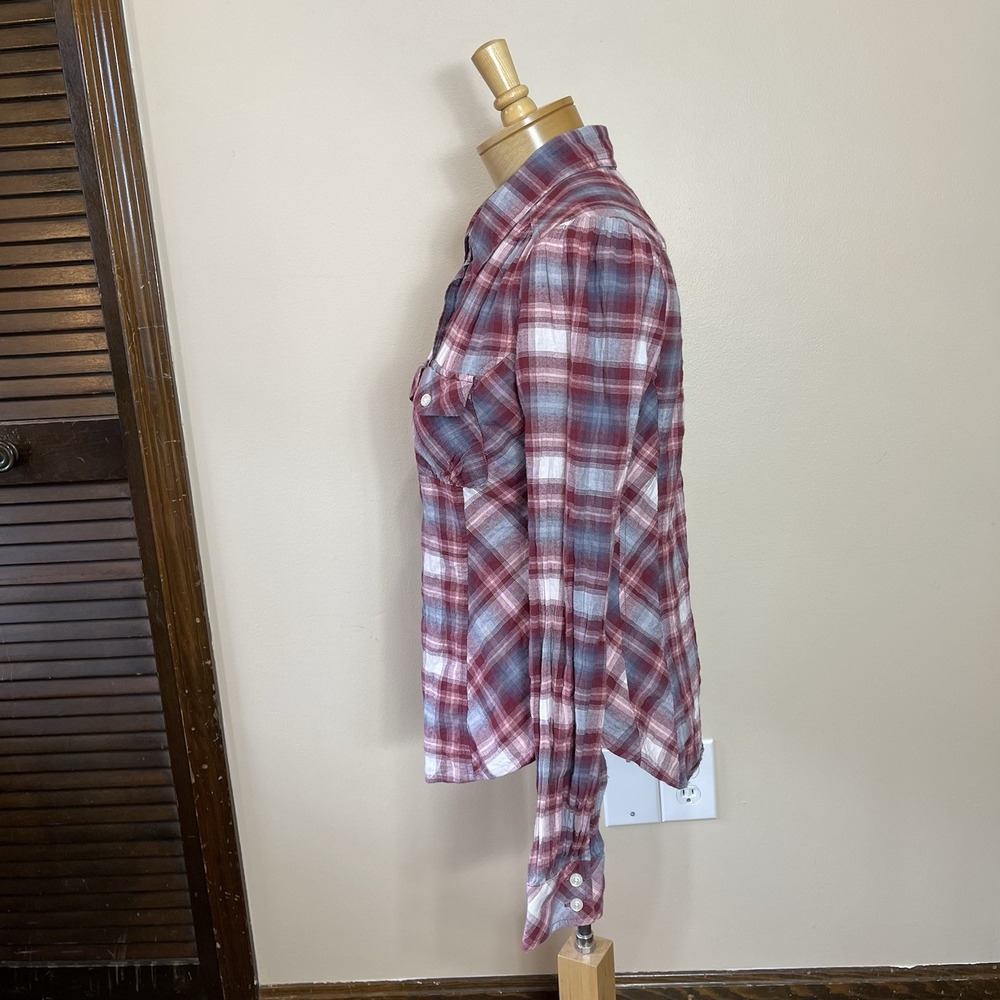 Lucky Brand Blouse Women's Medium Button Up Long Sleeve Plaid‎ Red Pink - Picture 2 of 7